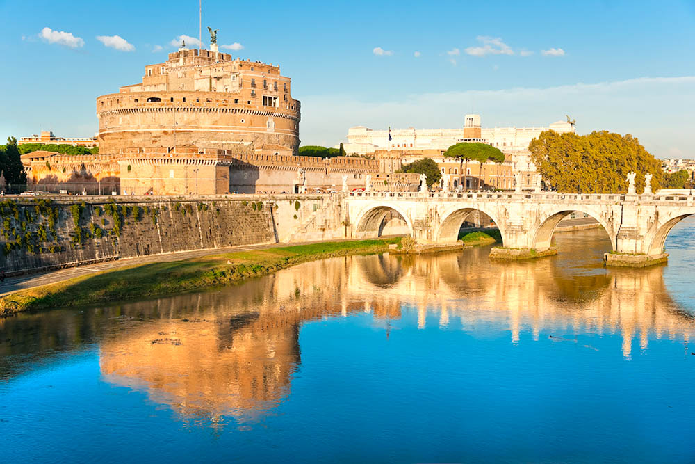 View on famous Saint Angel castle and bridge over the Tiber rive